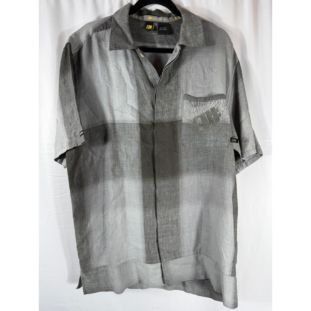 Alphanumeric Mens Vintage Gray Plaid Linen Short Sleeve Button‎ Up Shirt Size L